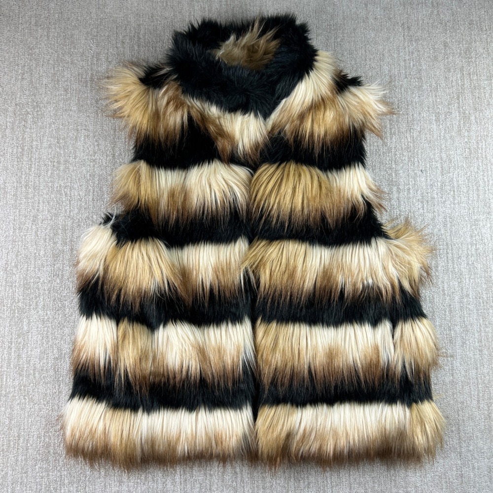 Y2K Gianni Bini Faux Fur Vest Womens Small Brown Striped‎ Glam Winter Shaggy